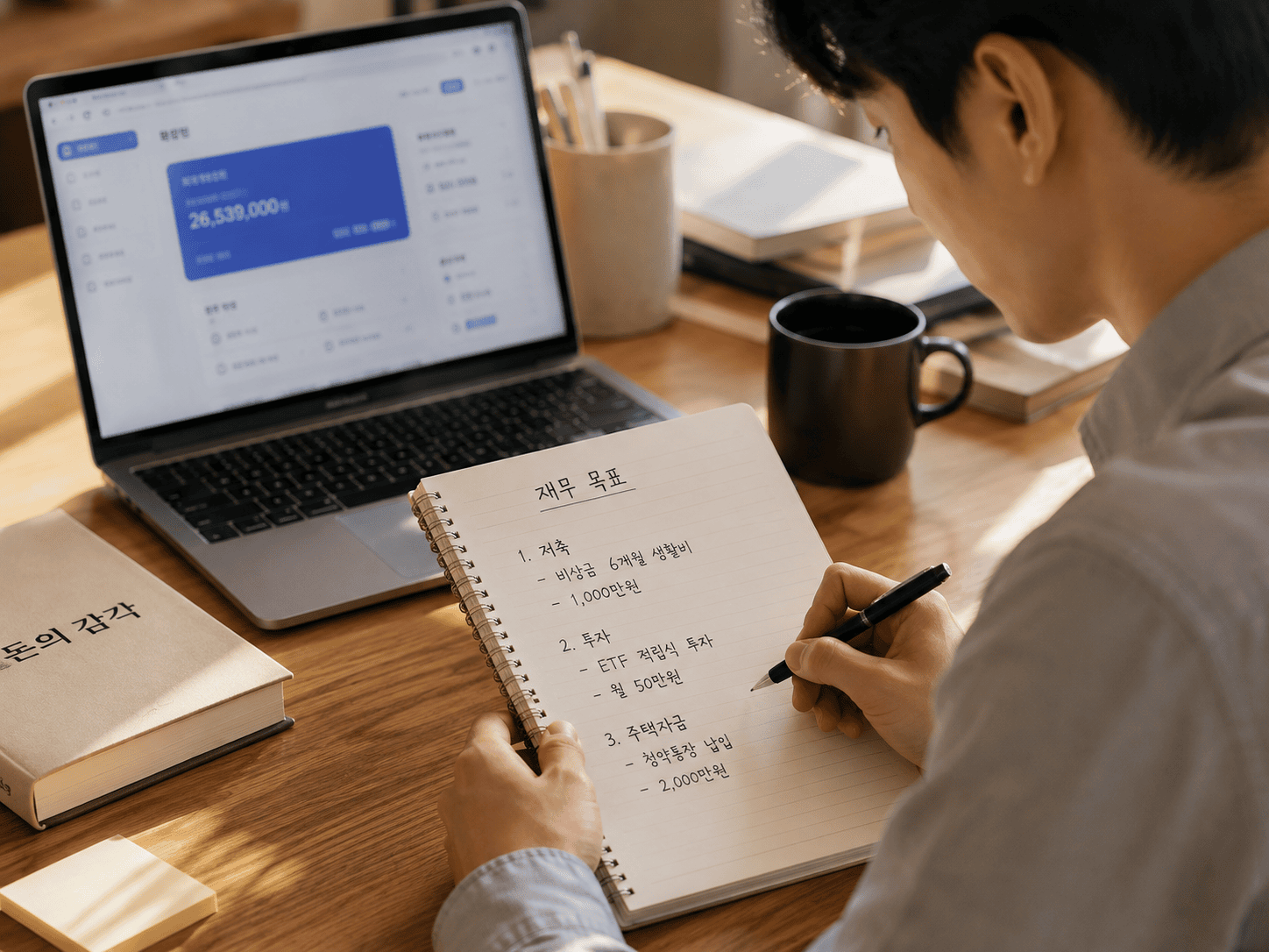 청년도약계좌 만기금을 어디에 쓸지 노트에 번호를 매겨 적는 모습