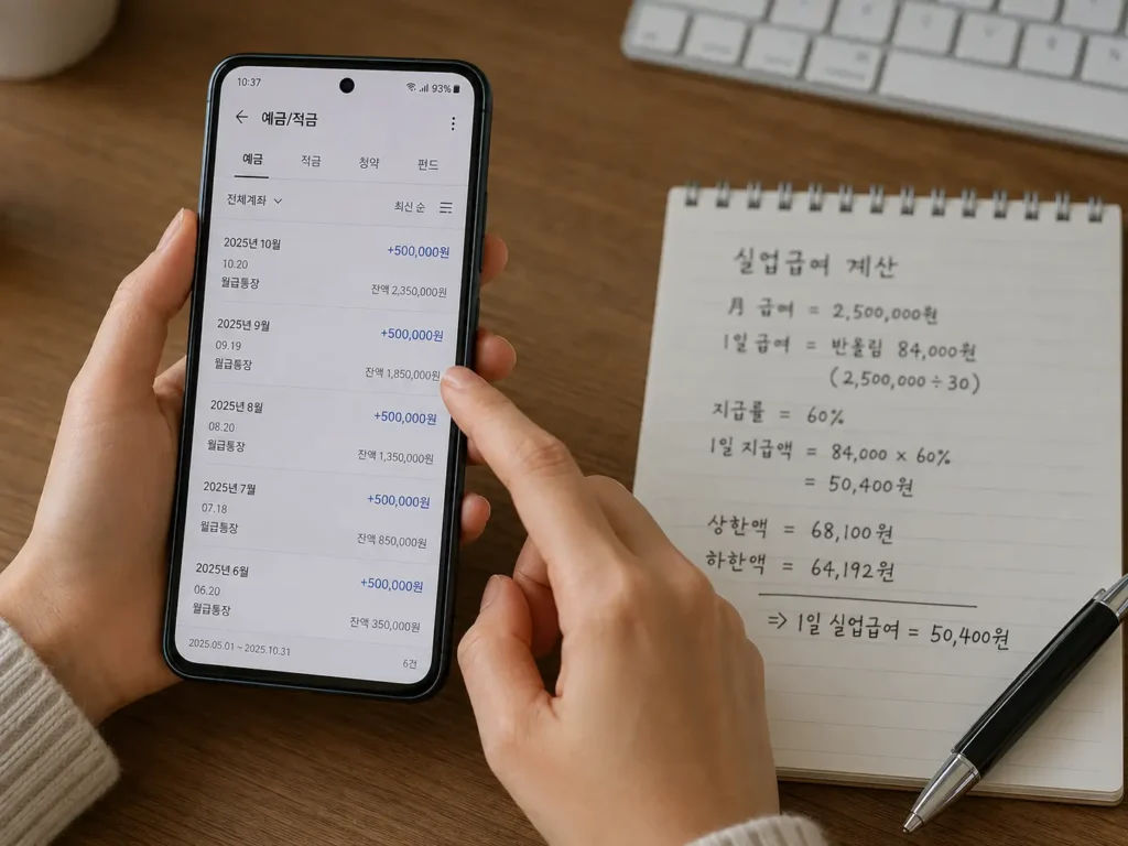 실업급여 상한액 입금 내역을 은행 앱으로 확인하는 모습