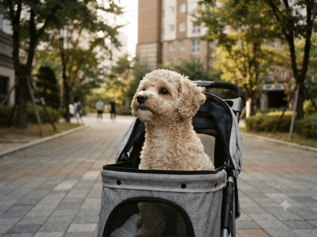 강아지 슬개골 수술 후 회복기에 유모차로 산책 나간 말티푸