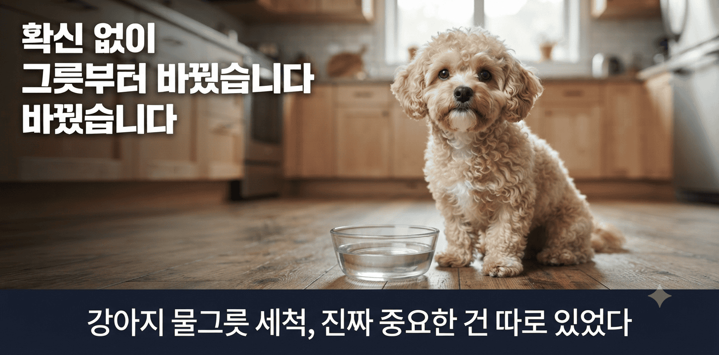 유리 그릇 옆에 앉은 강아지, 물그릇 세척 습관을 다루는 대표 이미지