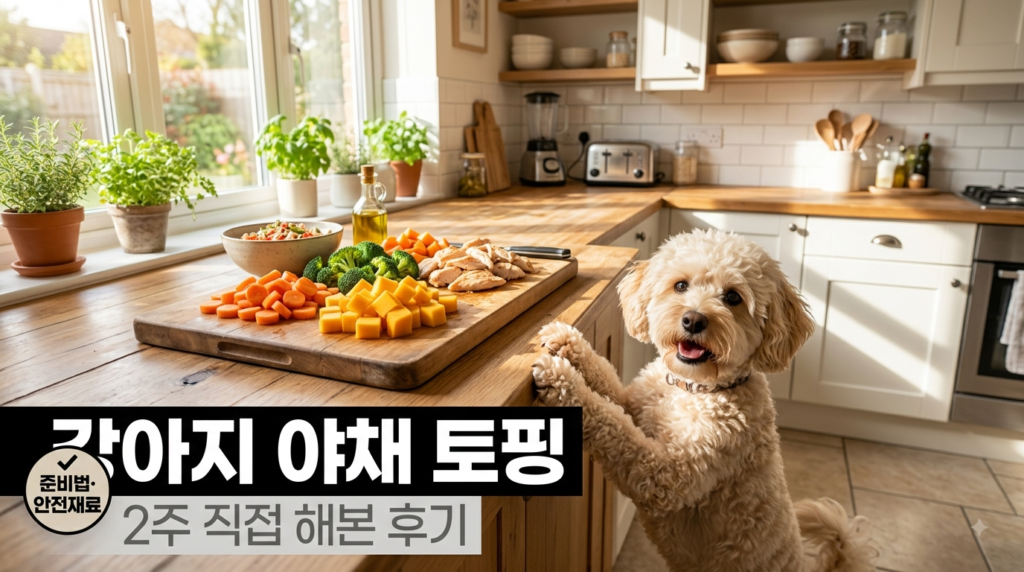 주방 카운터에서 야채 토핑을 기다리는 강아지와 준비 과정 제목 오버레이