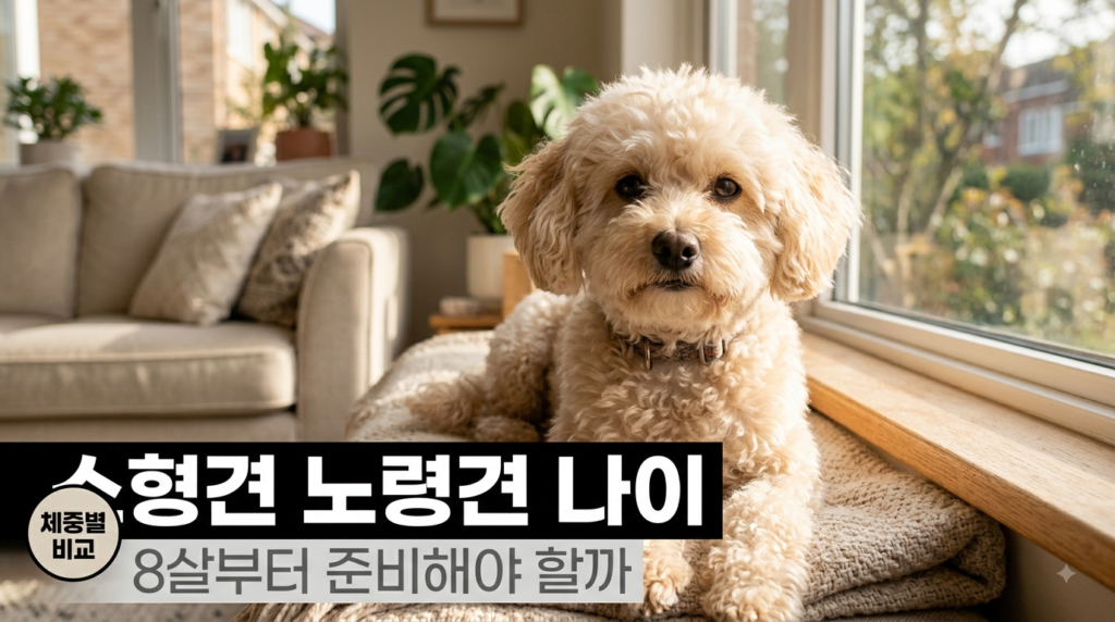 거실에서 쉬고 있는 노령견 말티푸와 노령견 나이 비교 제목 오버레이