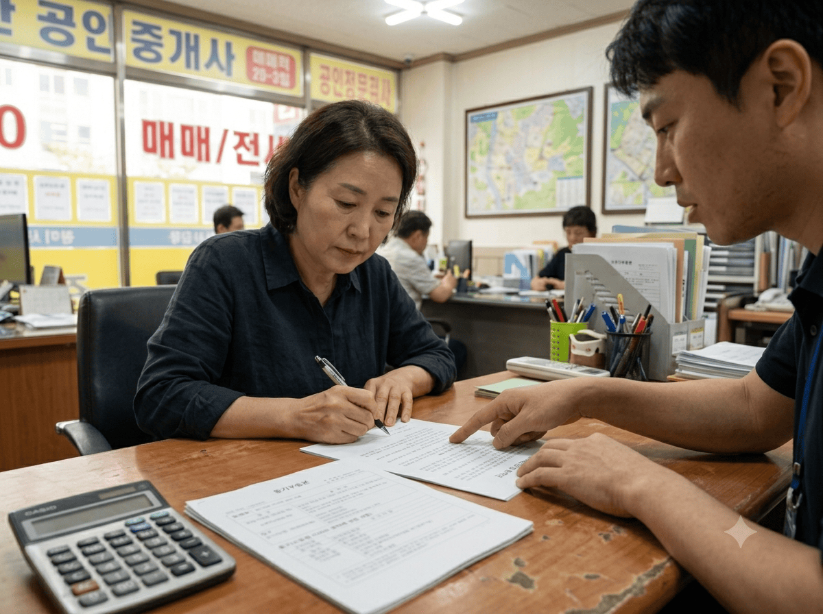 전세사기 예방 특약 문구를 넣은 전세 계약서에 공인중개사 사무소에서 서명하는 장면