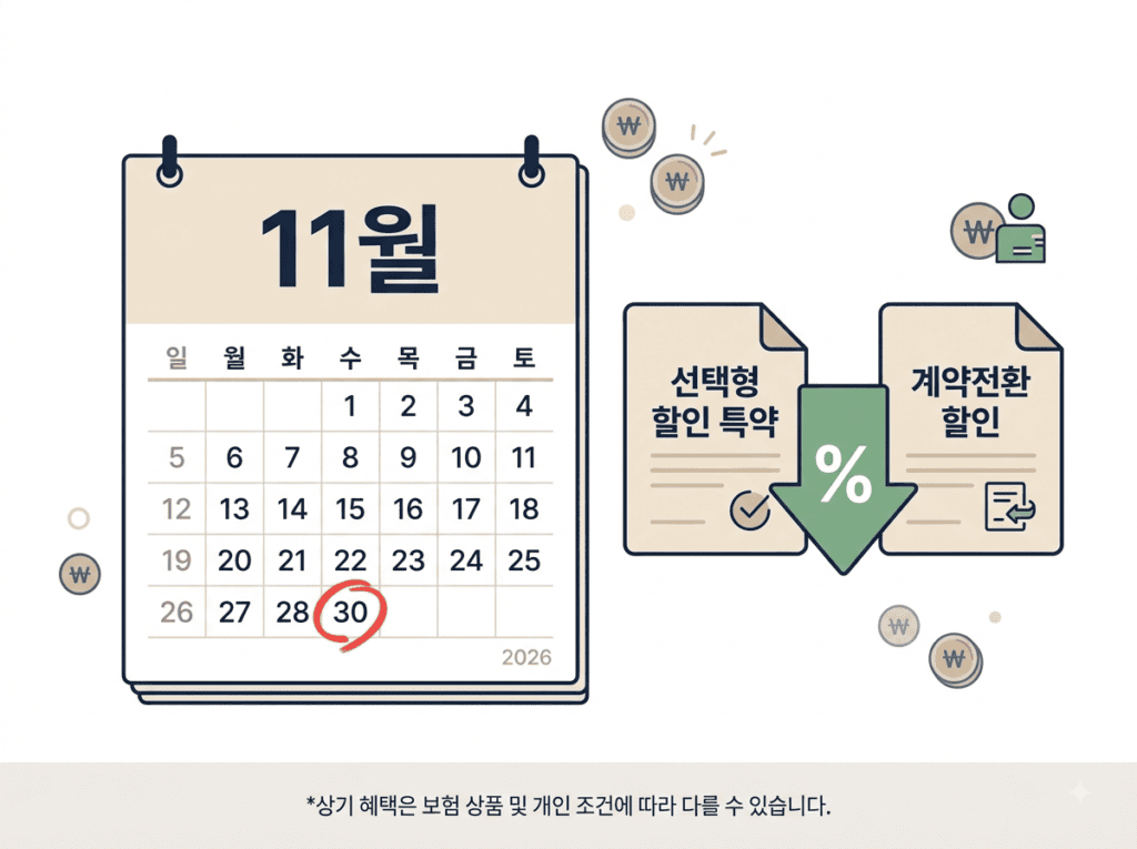 2026년 11월 시행 실손보험 선택형 할인 특약과 계약전환 할인 제도 안내 일러스트