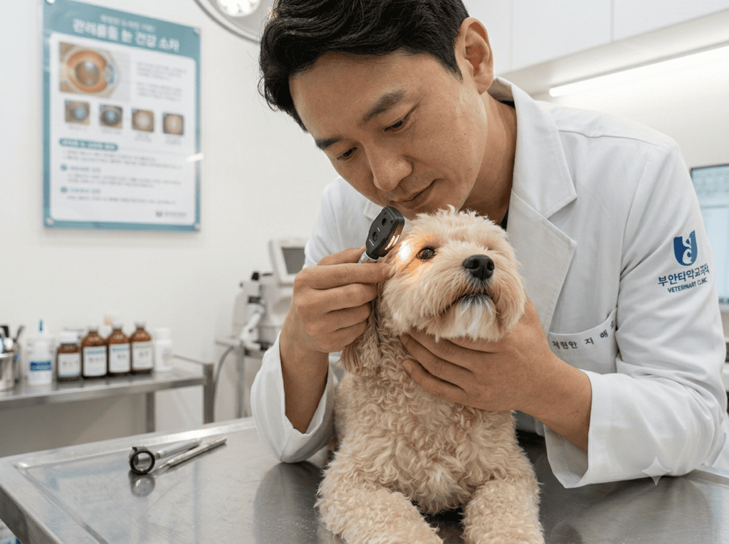 동물병원에서 강아지 눈물자국 원인을 확인하기 위해 눈을 살피는 진료 장면