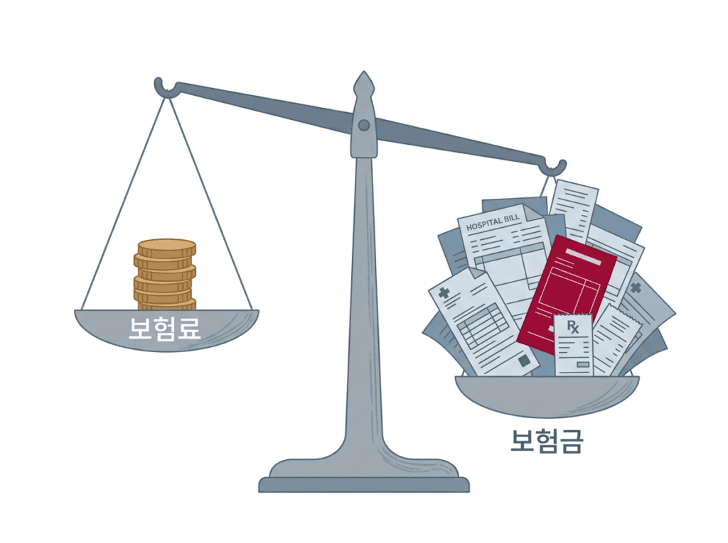 실손보험 손해율 구조를 보여주는 보험료와 보험금 저울 비교 일러스트