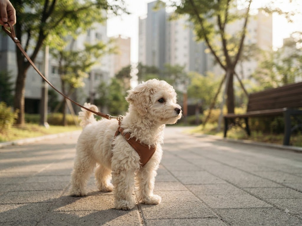 "산책 중 잠시 멈춰 선 크림색 말티푸"