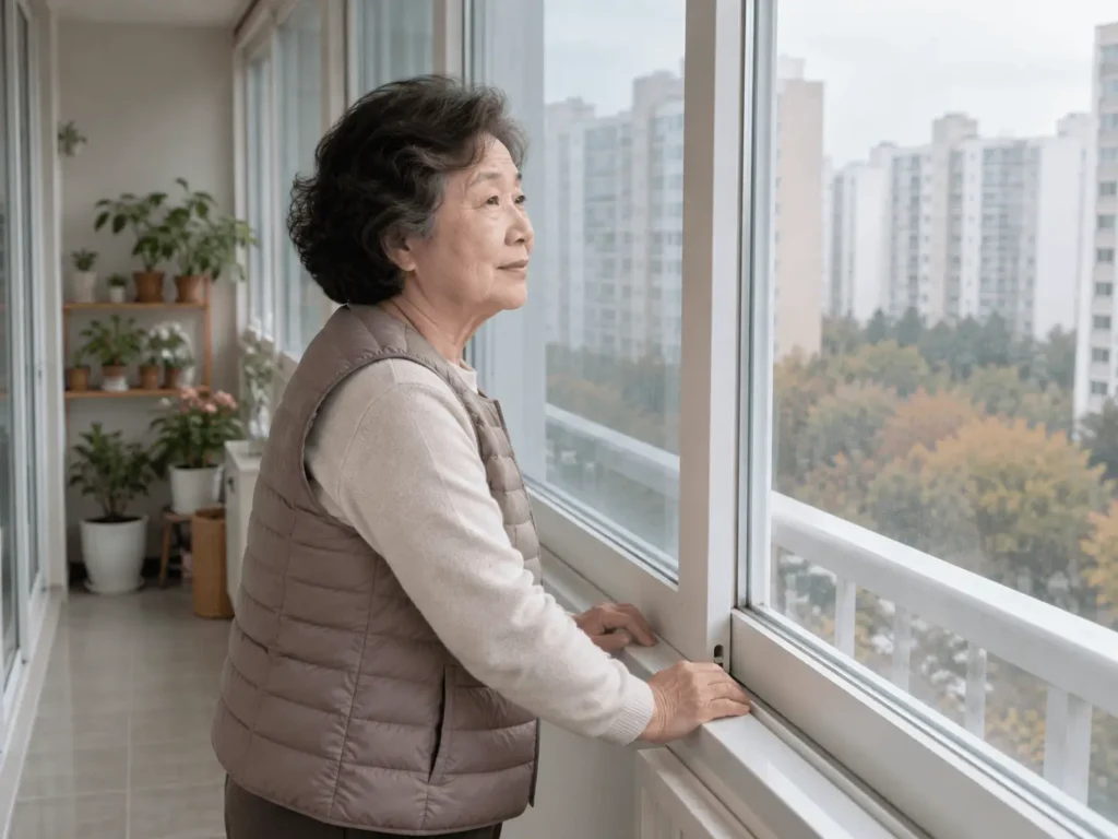 기초연금 수급자격 재산기준을 확인하며 아파트 창밖을 보는 모습