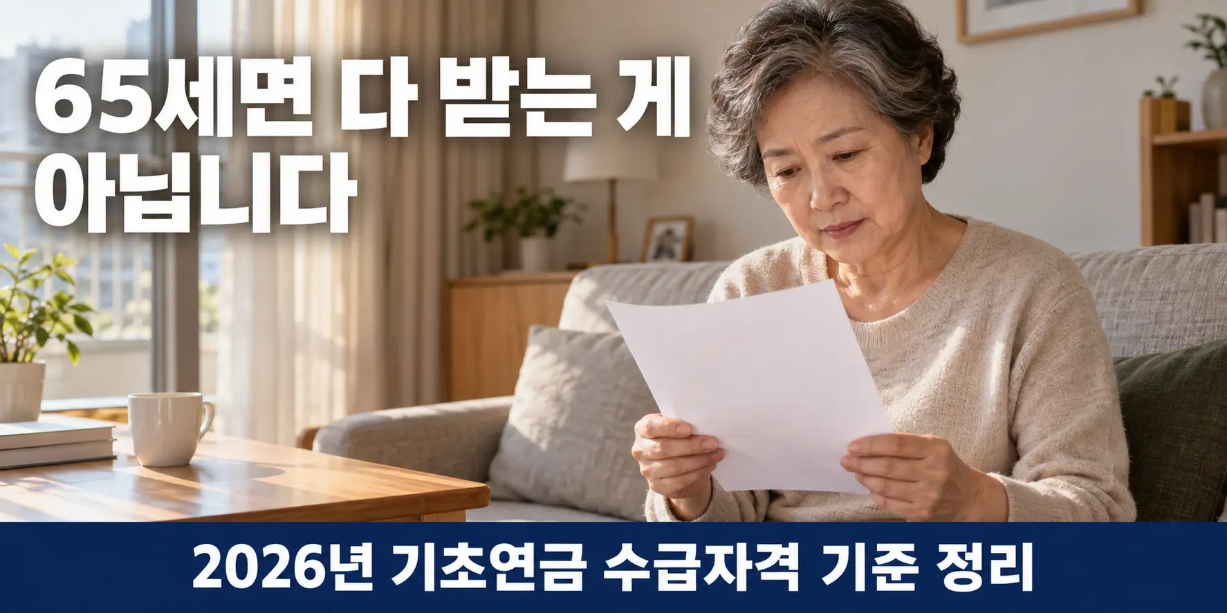 기초연금 수급자격 서류를 거실 소파에서 확인하는 모습