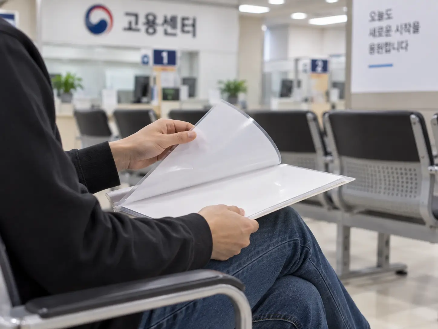 이직확인서 없이 실업급여 수급자격을 신청하려고 고용센터 대기석에서 서류를 보는 모습