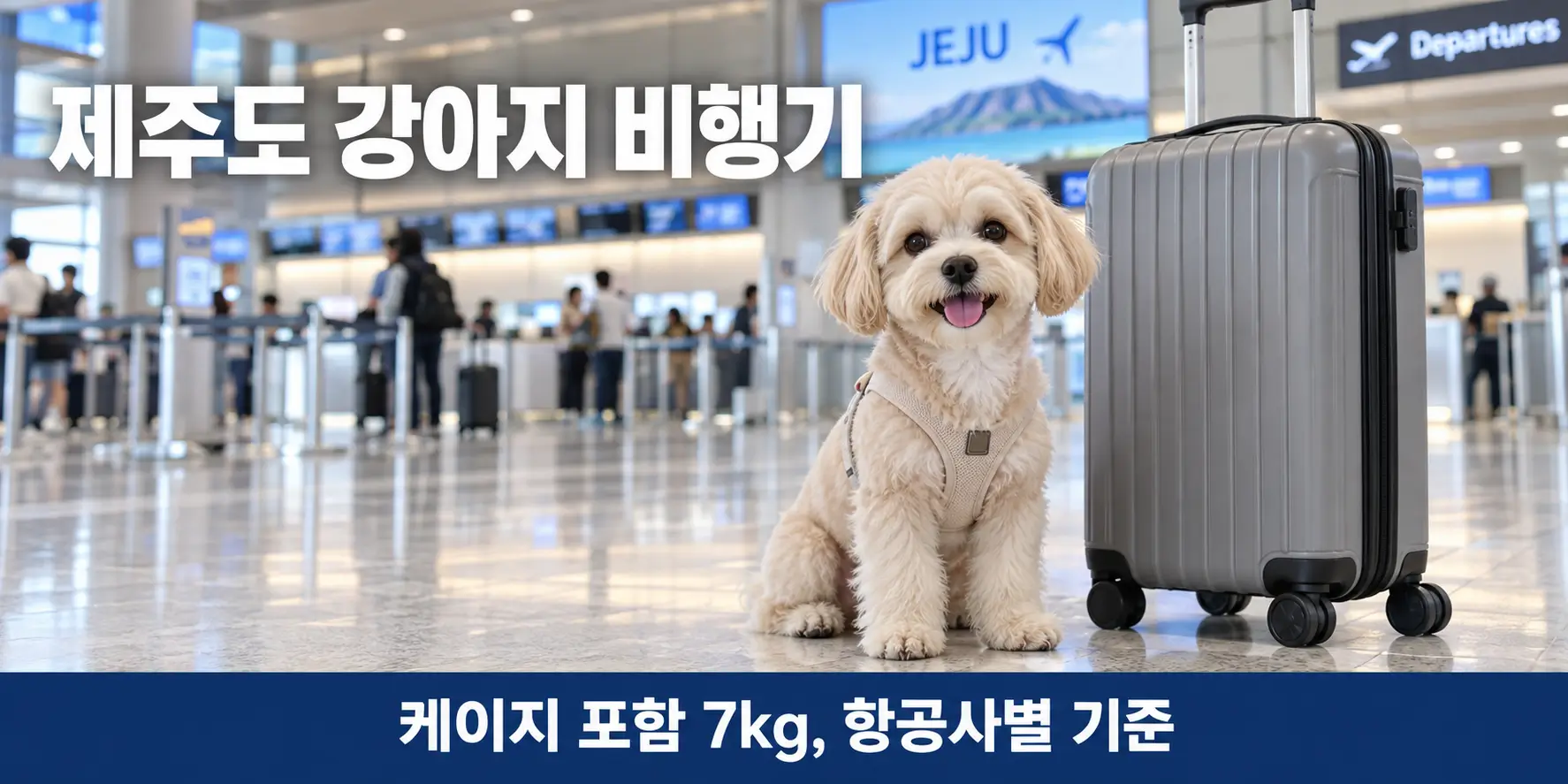공항 출발장에서 여행 가방 옆에 앉은 강아지, 제주도 강아지 비행기 준비