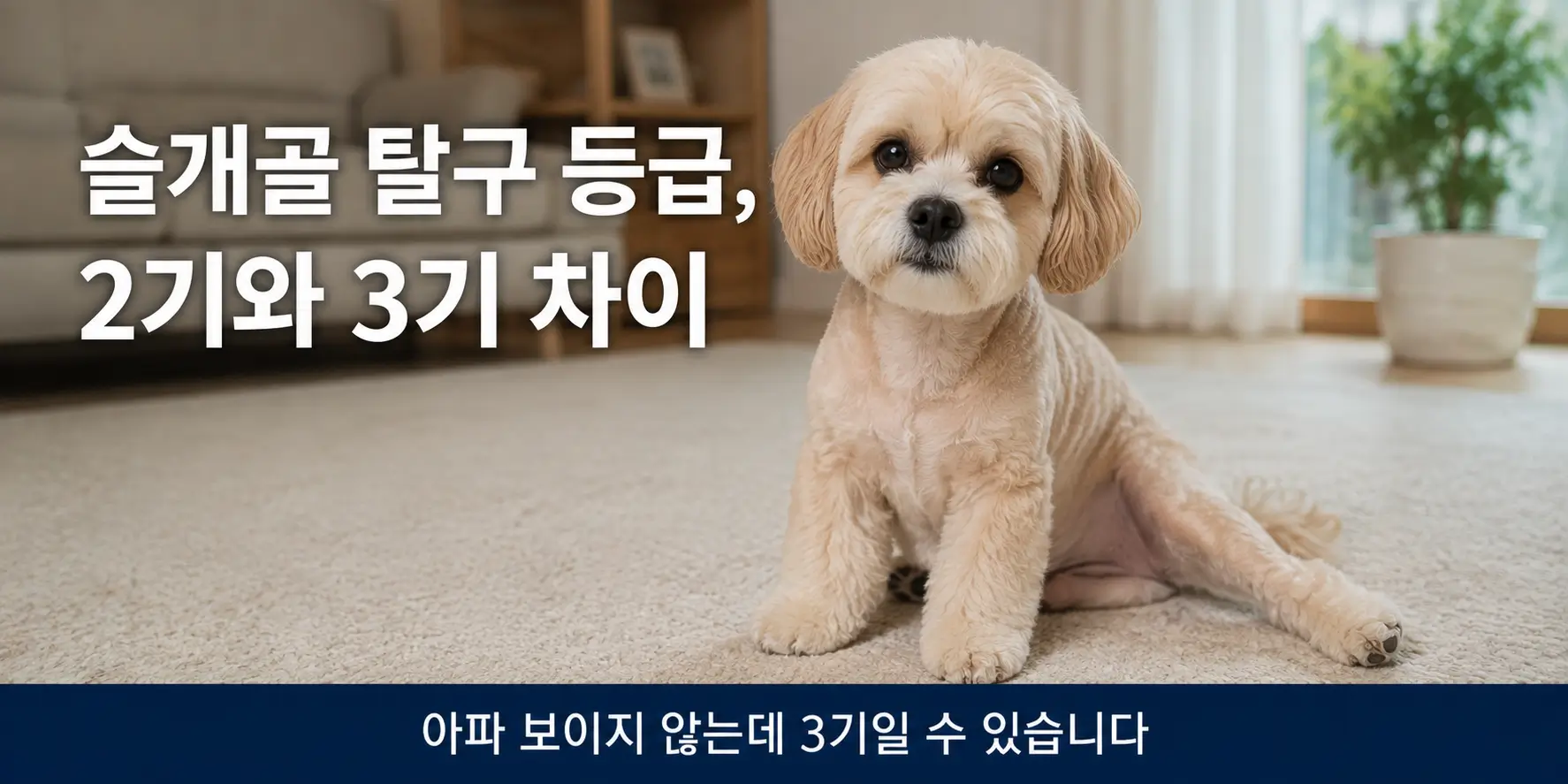 강아지 슬개골 탈구 등급 신호인 비대칭 앉는 자세를 보이는 크림색 말티푸