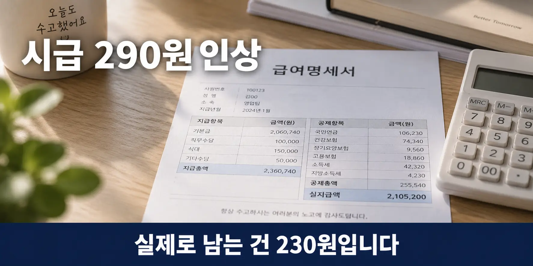 2026년 최저임금 실수령액을 급여명세서와 계산기로 확인하는 모습
