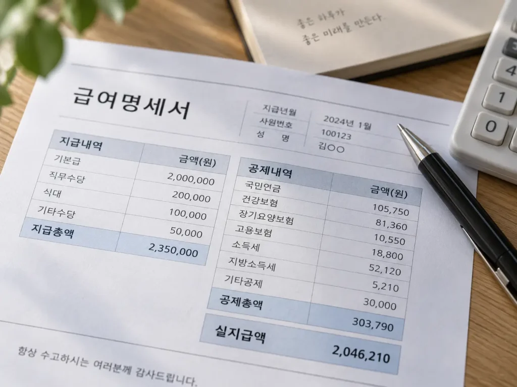 2026년 최저임금 실수령액 확인을 위한 급여명세서 공제 항목 근접 사진