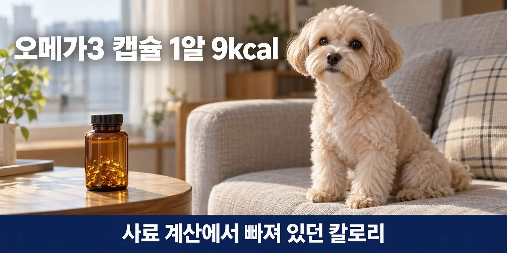 아지 오메가3 캡슐 한 알의 칼로리를 다룬 글의 대표 이미지, 소파에 앉은 말티푸 쿠니