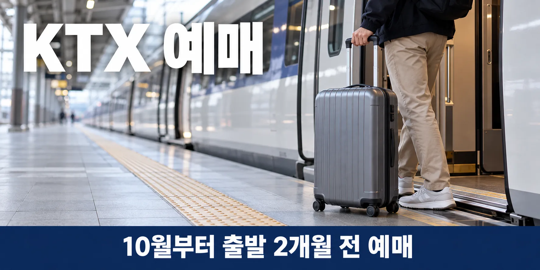 기차역 승강장 고속열차 옆에서 캐리어를 든 여행객, KTX 예매 2개월 전 확대