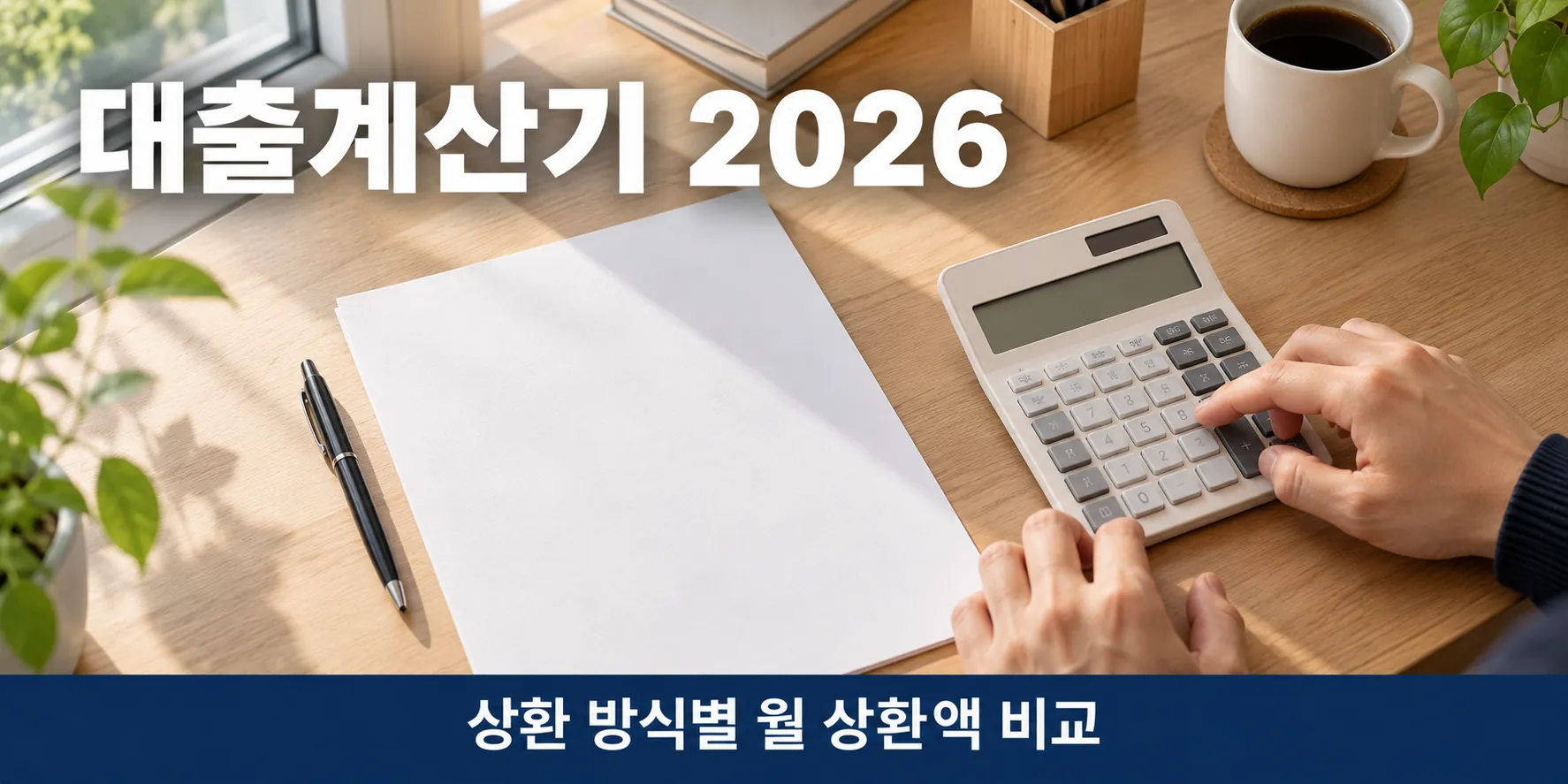 대출계산기로 상환 방식별 월 상환액을 계산하는 책상 위 계산기