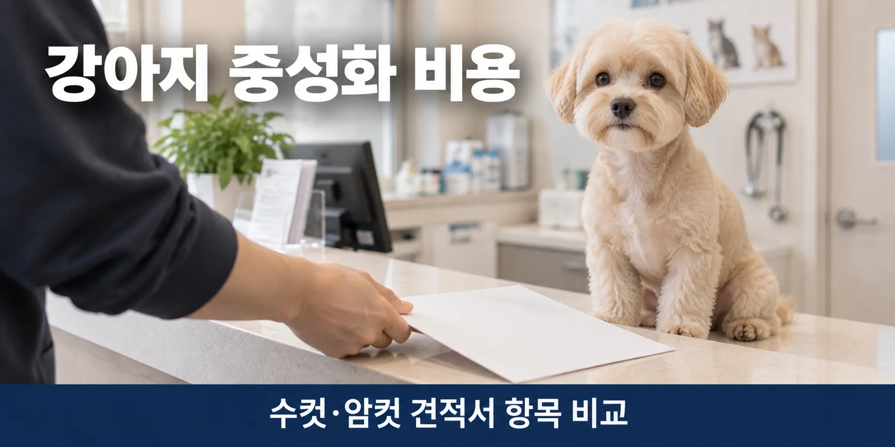 강아지 중성화 비용 견적서를 동물병원 접수대에 내미는 손과 말티푸