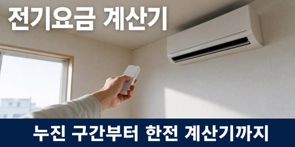 전기요금 계산기 대표 이미지, 벽걸이 에어컨 리모컨을 누르는 손