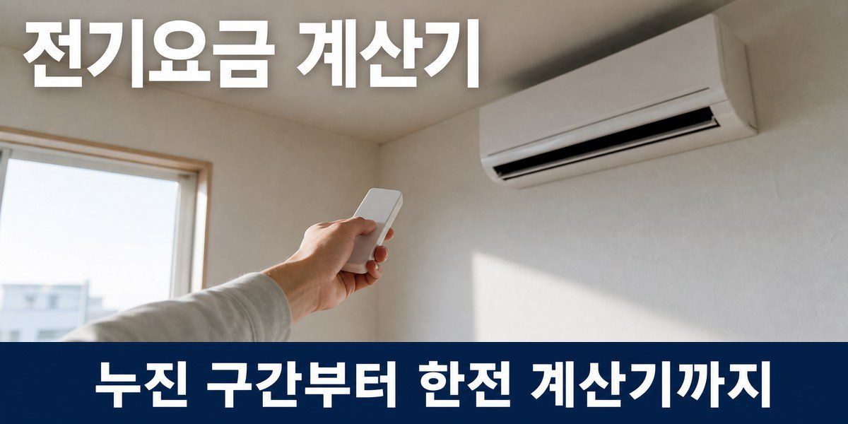 전기요금 계산기 대표 이미지, 벽걸이 에어컨 리모컨을 누르는 손