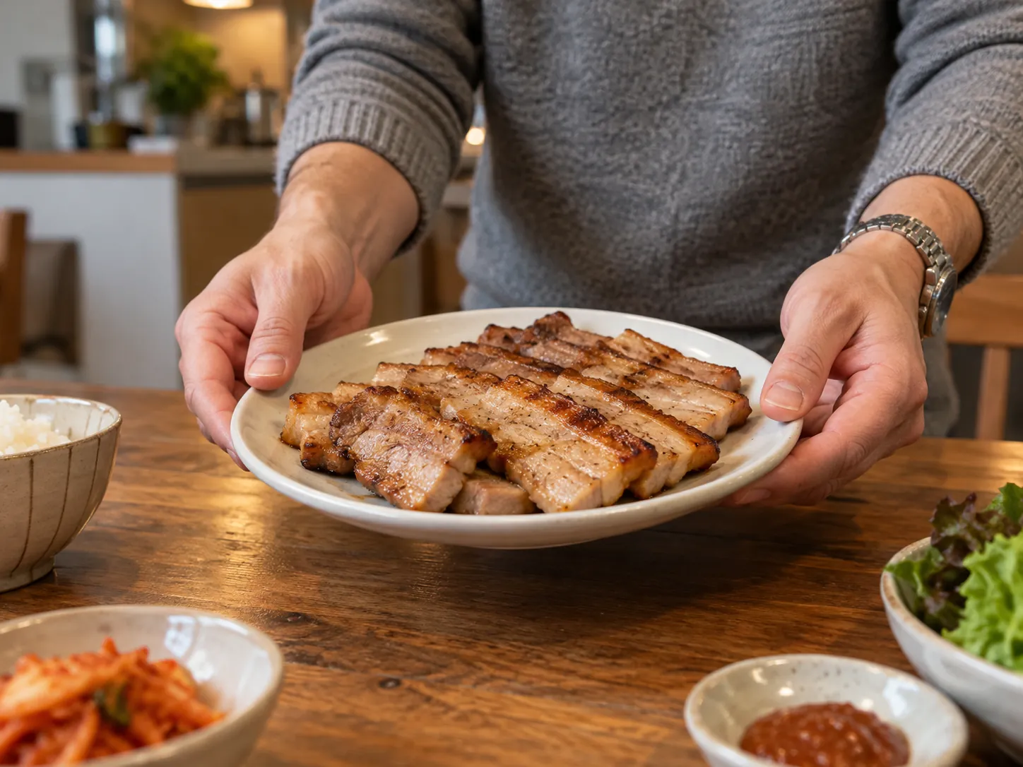 기름진 삼겹살 접시를 치우는 손, 강아지 췌장염 증상을 부르는 고지방 음식